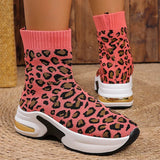 Fashion Leopard Print Platform Ankle Boots Women Comfy Slip On Breathable Knitted Boots Woman Plus Size 35-43 Wedges Short Boots
