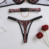 2025 Metal Chain Sexy Wild Leopard Pattern Hollow Cross Heavy Craftsmanship Body Shaping Sexy Underwear Five Piece Set