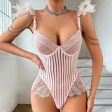Fashionable New Sexy Lace Spliced Flower Embroidery Mesh Backless Deep V Suspenders Sleeveless Bodysuits Charming Casual H2F1