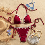 Shell Decoration Halter String Strappy Bikini Women Swimwear Female Swimsuit Two-pieces Bikini Set Ribbed Bathing Suit Swim Lady