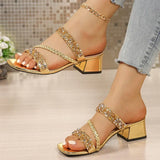 Luxury Gold Thick Heeled Sandals Women Summer Plus Size Square Toe Crystal Sandles Woman Fashion Slip On High Heel Party Shoes