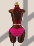 Vintage Hot Pink Gradient Bikini Set 2026 Women Push Up Bra Holiday Mesh Pleate Cover Up 3 Piece Swimsuit Bathing Suit Swimwear