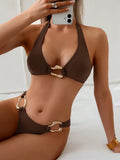 Sexy Mesh Skirt 3 Piece Swimsuit Women Coffee Metal Circle Push Up Thong Bikini Set 2026 Brazilian Beach Bathing Suit Swimwear
