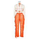 DEKAWomen Tassel Pants Knitted Bra Top Bikini Set Swimsuit Handemade Crochet Bikini Cover Up Tassel Beach Long Wrap Pant