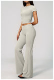 Creamy 2 Pieces Workout Suit Women Yoga Outfits Short Sleeve O Neck Slim Sports T Shirts High Waist Flare Pants Gym Fitness Sets