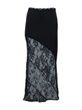 Women's Summer Satin Lace Patchwork Long Skirts Mid Waist Solid Color Fashion Elegant Asymmetric Skirts