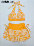 S - XL With Skirt Printed Halter Bikini Female Swimsuit Women Swimwear Three-Pieces Bikini Set Bather Bathing Suit Swim V8230