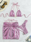 3PCS with Skirt Shiny Snake Skin Bikini Women Swimwear Female Swimsuit Three-pieces Bikini Set Halter Bathing Suit Beach Wear