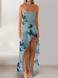 Women Summer Casual Tube Dress Fashion Solid Color/Floral Print High Low Ruffles Long Dresses with Scarf