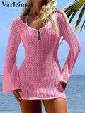 V Neck Long Sleeve Hollow Out Crochet Knitted Tunic Beach Cover Up Cover-ups Beach Dress Beach Wear Beachwear Female Women V7643