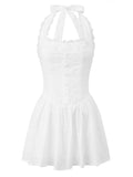 Women's Summer Solid Color Halter Neck Mini Dress Lace Trim Neckline Eyelet Embroidery Backless Tie-Back Slim Party Dresses