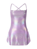 Women Sleeveless Backless Party Club Dress Solid Color Shiny Spaghetti Strap Mini Dress for Cocktail Nightclub Beach