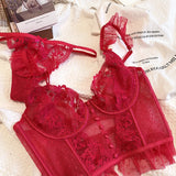 Sexy French Lace Bra and Thong Set Ultra Thin See Through Shaping Underwear Women's Embroidery Lace Camisole Lingerie Set MOYISU