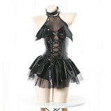 Bat Women Sexy Lingerie Devil Cosplay Costume Punk Y2k Gothic PU Leather Halter Neck Straps Bodysuit Short Mini Dress