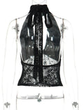 FDYOUI Woman Clothes Elegant Bandage Mesh Corset Tops 2026 Female Halter V-neck Lace-up Tank Top Black T-shirt Y2K Streetwear