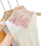 Mesh Knitted Top Women Y2K Tank Top Half Neck Vest Female Sleeveless Sweater Chic Cut Out Streetwear Solid Skinny Tube Top