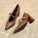 Single Shoes Fashion Pointed Toe Not Tired Feet One Word Belt Soft Sole Non-slip Block Heel Leather Shoes
