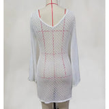 V Neck Long Sleeve Hollow Out Crochet Knitted Tunic Beach Cover Up Cover-ups Beach Dress Beach Wear Beachwear Female Women V6081