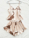 Summer 2-pieces Pink Leopard Printed Pajamas Set for Women Sexy Ice Silk Stain Sleepwear Casual Crop Tops and Shorts Lounge