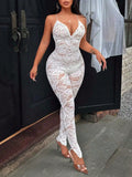 Women Floral Lace Sheer Bodycon Jumpsuit Spaghetti Strap Deep V Neck Backless See Through Slim Long Pants Romper Party Clubwear