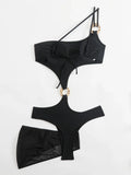 Asymmetric One Shoulder Mesh Skirt One Piece Swimsuit Women Thong Swimwear Female Metal Ring Monokini Bathing Suit Beachwear