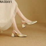 NASBAVI Women's Block Heels Pumps Shoes Elegant Summer Sandals Green Pink Close Toe Slingback Office Wedding Dress Shoes Female