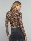 European American Women Mesh Leopard Print Tops Stand Collar Long Sleeve Short T Shirt Elegant Versatile Inner Blouse Daily Casu
