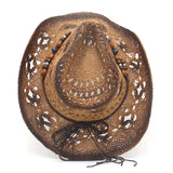 Women Cowboy Hat Creative Curled Straw Hollow Design Ethnic Style Beads Chain Decoration Shade Straw Hat Summer Sun Cap