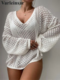 S - XL New V Neck Long Sleeve Crochet Knitted Tunic Beach Cover Up Cover-ups Beach Dress Beach Wear Beachwear Female Women V8284
