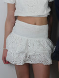 Shirred Mini Skirt A-Line Pointelle High Waist Layered Ruffle Skirt for Women 2024 Summer Solid Color Sweet Skirts