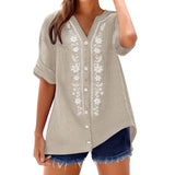 Womens V Neck Embroidered Linen Tunic Shirt Roll Up Sleeve Button Down Loose Fit Casual Boho Blouse Vintage Summer Beach Shirts