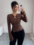 Autumn and winter inner asymmetrical hollow metal decoration slim fit daily outer top