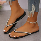 Summer Beach Pearl Decor Flip Flops Women Fashion Black Flat Clip Toe Slippers Female Plus Size Non Slip Pu Leather Slides Mujer