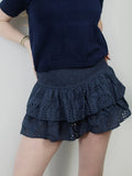 Shirred Mini Skirt A-Line Pointelle High Waist Layered Ruffle Skirt for Women 2024 Summer Solid Color Sweet Skirts