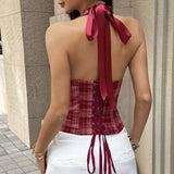 Phantasy Retro Red Plaid Halter Tank Top Women Sexy V neck Backless Crop Top European Style Lace up Camisole 2026 Summer Clothes