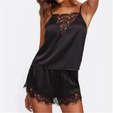 2PCS Sexy Pajama Set Women Sexy Lace Patchwork Satin Silk Suspender Top Hot Shorts Sleepwear Women Nightgown Female Sleepwear