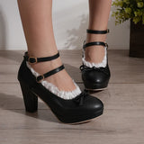 Women's Sweet Cute Lace Bow Lolita Platform High Heels, White Pumps Wedding Party Dress Shoes, Big Sizes 33-48