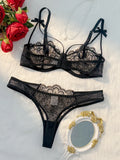 2-piece women's black comfortable lightweight bow semi transparent lingerie set