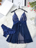Transparent Blue Sexy Lingerie Women Underwear See Through Sleepwear Lace Nightdress And Panties Pijamas Set Adult Female Nighty