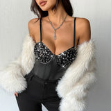 Shiny Sequins Silver Patchwork Bodysuit Women PU Leather Fishbone Rompers Hanging Neck Underwired Slimming Bodycon Bodysuit