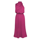 Foridol One Shoulder Turtleneck Tank Satin Women Party Dress Robe Zip Sleeveless Elegant Vintage Folds Women Clothing 2025