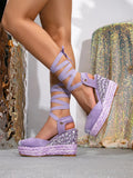 European Size Leisure Summer Espadrilles Sandals Rhinestones High Heels Wedges Sandals Shoes Women Comfy Walk Platform Sandal
