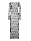 Women See Through Lace Dress Long Sleeve High Slit Dress Summer Sexy Club Beach Dress Swimwear Cover-ups