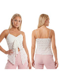Women’s Solid Color Lace Halter Tank Tops Summer Fashionable Spaghetti Strap Handkerchief Hem Sheer Camis Tops