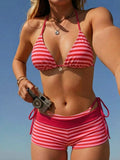 Sexy Red Striped Bikini Set Women Metal Flower Push Up Bra High Waist Pants 3 Piece Swimsuit 2026 Bathing Suit Holiday Swimwear