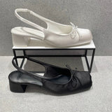 Big Size 43 Satin Mini Bow Slingback Block Heel Sandals Women Square Toe Elastic Strap Sweet Satin Mary Jane Shoes