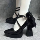Big Size 42 Black Gothic Cross-strap High Heels Pumps Lolita Bow Tie Chunky Heels Platform Heeled Mary Jane Goth Shoes Women