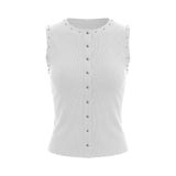 Summer Women's Studded Tank Tops Casual Stylish Button Down Crew Neck Slim Fit Sleeveless Vest Ribbed Gothic Punk Street