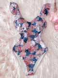 Sexy Ruffle Shoulder Swimsuit V-Neck Swimwear Women Backless Push Up Bathing Suit  Beach Wear 2024 Female Swimming Suit