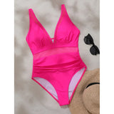 S - XL New Sexy Mesh Sheer V Neck Women Swimwear One Piece Swimsuit Female High Leg Cut Monokini Bather Bathing Suit Swim V5136